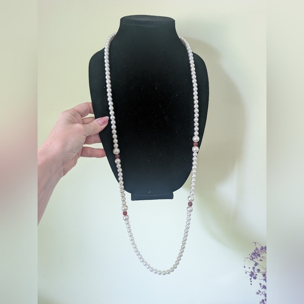 Elegant Pearl and Red Bead Necklace